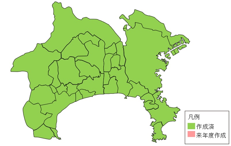 神奈川県の市町村単位での作成状況を示す地図 すべての市町村で作成済みとなっている。