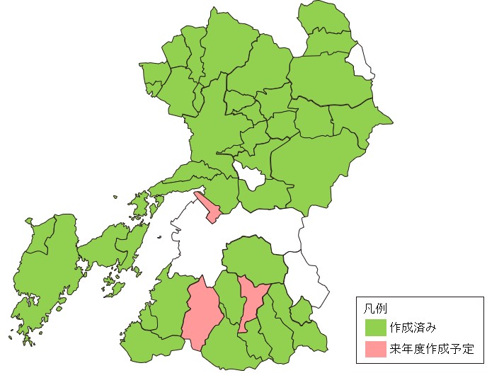 熊本県の市町村単位での作成状況を示す地図 作成済み、来年度作成予定、未作成を色別に示している。