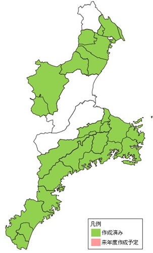 三重県の市町村単位での作成状況を示す地図 作成済み、未作成を色別に示している。