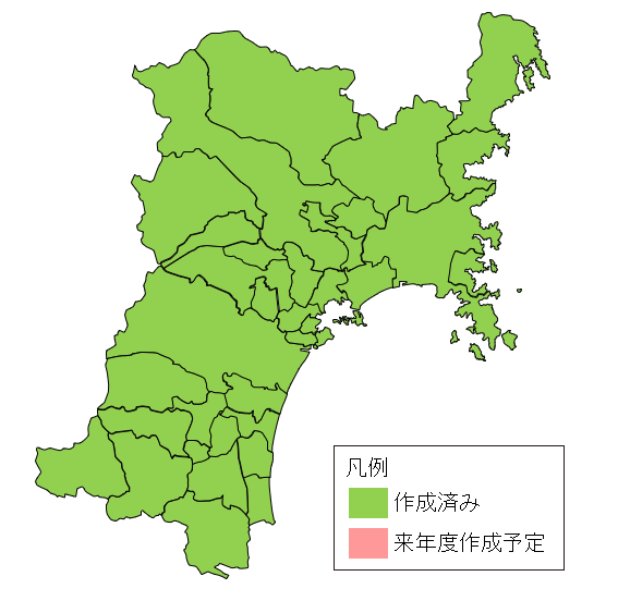 宮城県の市町村単位での作成状況を示す地図 すべての市町村で作成済みとなっている。
