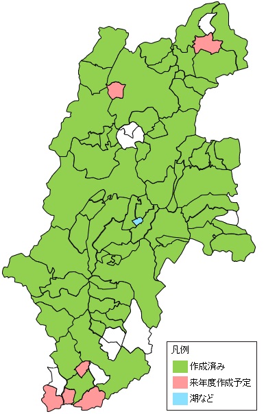 長野県の市町村単位での作成状況を示す地図 作成済み、来年度作成予定、未作成を色別に示している。