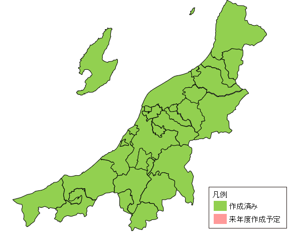 新潟県の市町村単位での作成状況を示す地図 すべての市町村で作成済みとなっている。