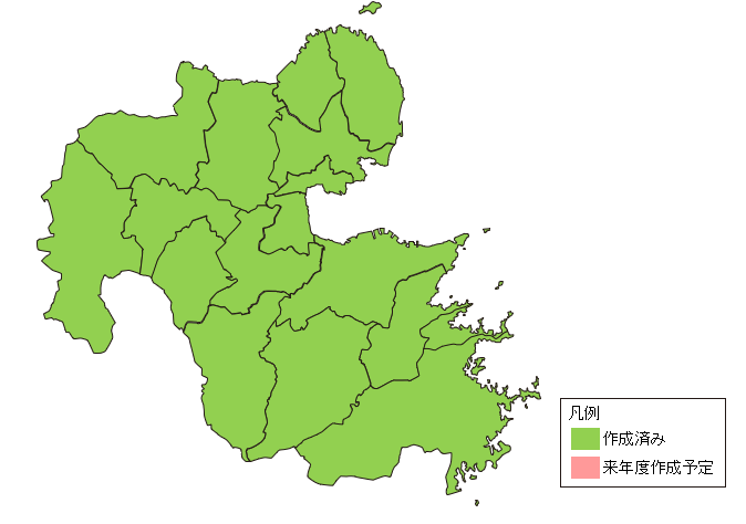 大分県の市町村単位での作成状況を示す地図 すべての市町村で作成済みとなっている。