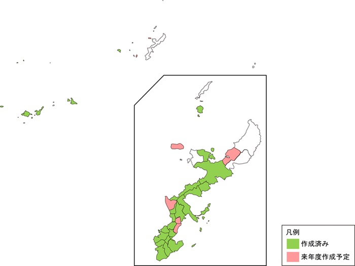 沖縄県の市町村単位での作成状況を示す地図 作成済み、来年度作成予定、未作成を色別に示している。