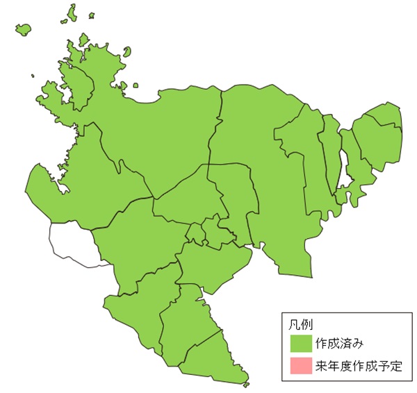 佐賀県の市町村単位での作成状況を示す地図 作成済み、未作成を色別に示している。