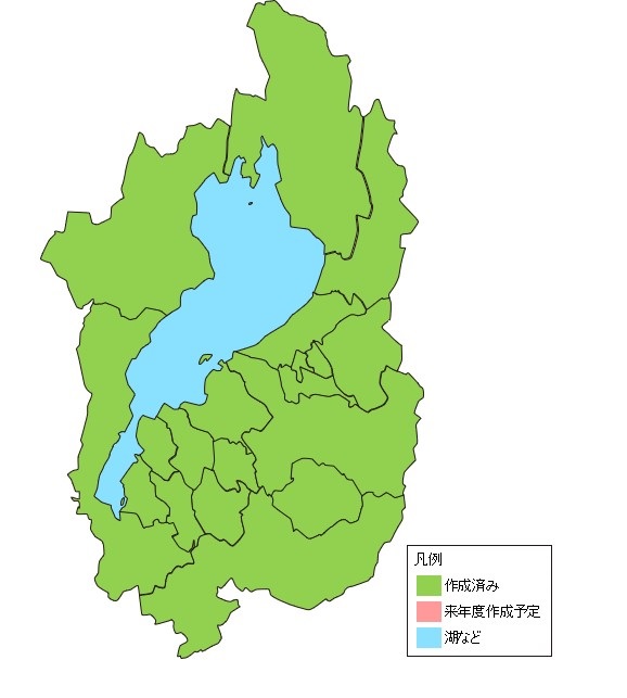 滋賀県の市町村単位での作成状況を示す地図 すべての市町村で作成済みとなっている。