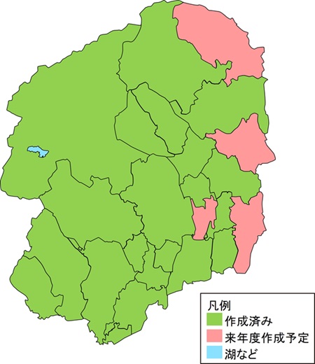 栃木県の市町村単位での作成状況を示す地図 作成済み、来年度作成予定を色別に示している。