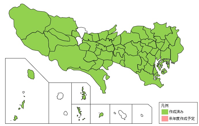 東京都の市町村単位での作成状況を示す地図 作成済み、未作成を色別に示している。