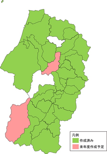 山形県の市町村単位での作成状況を示す地図 作成済み、来年度作成予定、未作成を色別に示している。