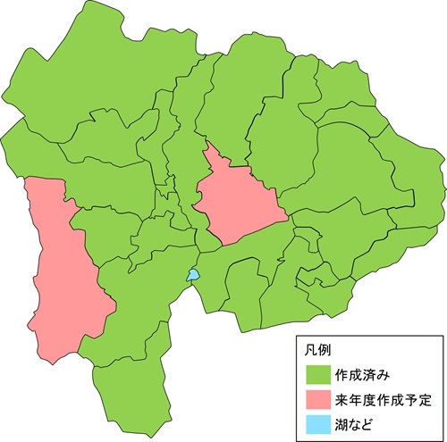 山梨県の市町村単位での作成状況を示す地図 作成済み、来年度作成予定を色別に示している。