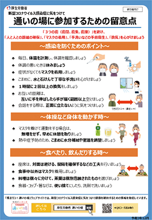 「新型コロナウイルス感染症に気をつけて通いの場に参加するための留意点」チラシ