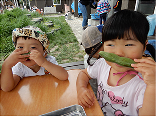 野菜の香りをかぐ子供たち