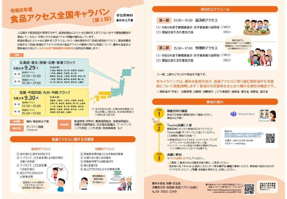 令和8年度 食品アクセス全国キャラバン（第1回）の開催告知チラシ。農林水産省主催、参加費無料・事前申込不要のオンラインイベント。