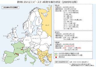 欧州におけるランピースキン病の発生状況(2005年以降)(2026年6月5日時点)を国別に発生日と発生件数を記載