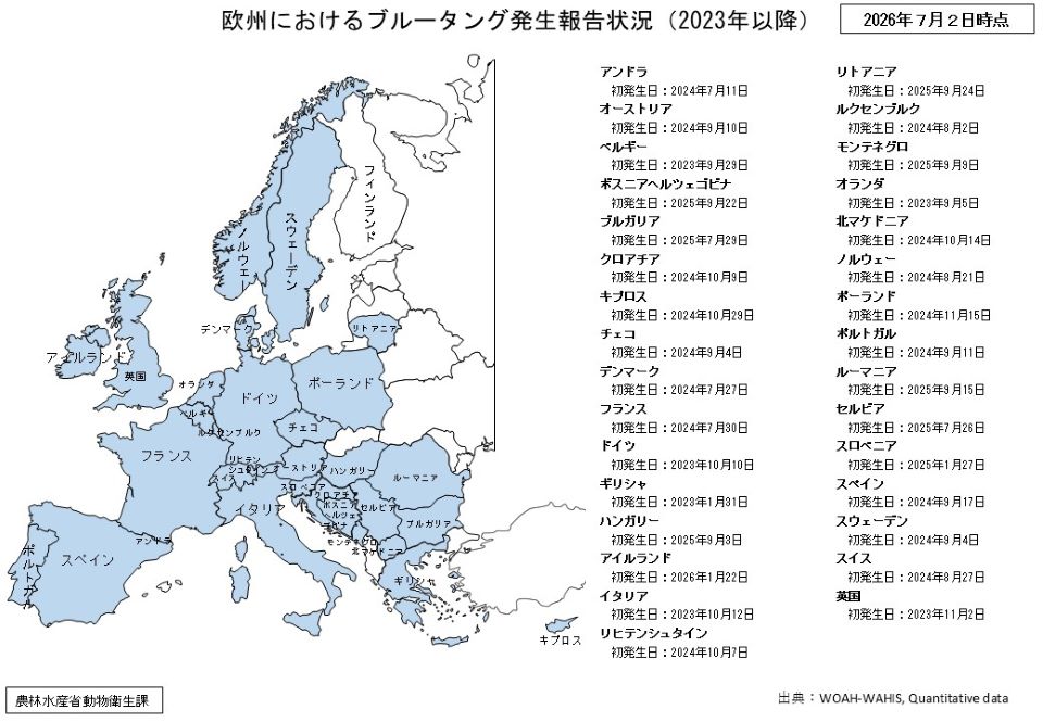 欧州におけるブルータング発生報告状況を示した地図。2023年以降に発生が確認された35か国の国名と初発生日を一覧で示している。2026年7月2日時点。