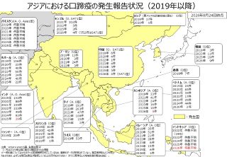 アジア各国における口蹄疫の発生報告件数を国別にまとめた地図（2019年以降、2026年8月24日時点）