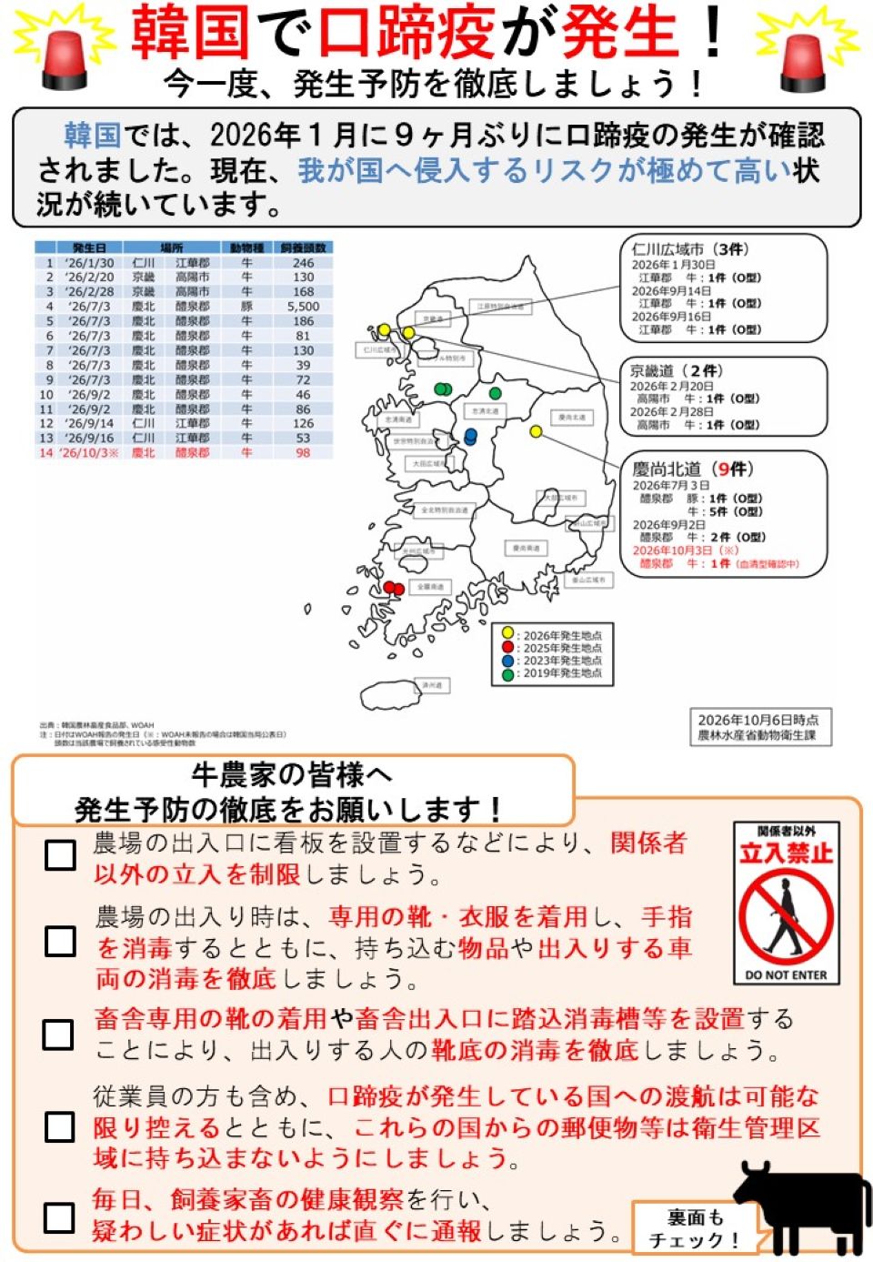 口蹄疫(牛)に関する注意喚起用のリーフレット。韓国における発生状況や、農家に対する注意喚起を掲載している。