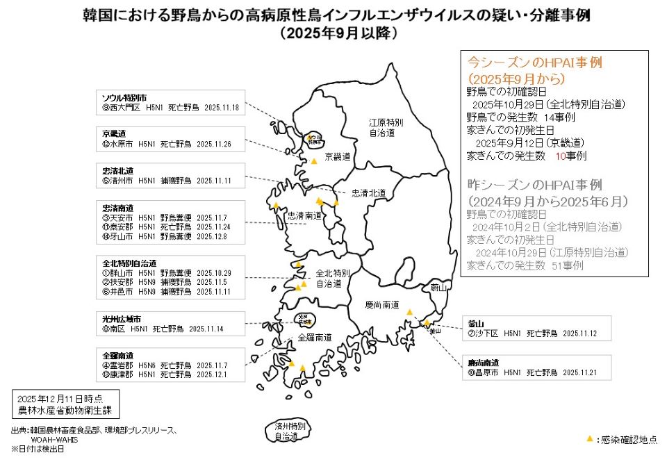 20251211_韓国の野鳥における高病原性鳥インフルエンザの発生状況地図