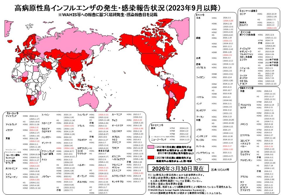 高病原性鳥インフルエンザの発生・感染報告状況（2026年3月30日現在）