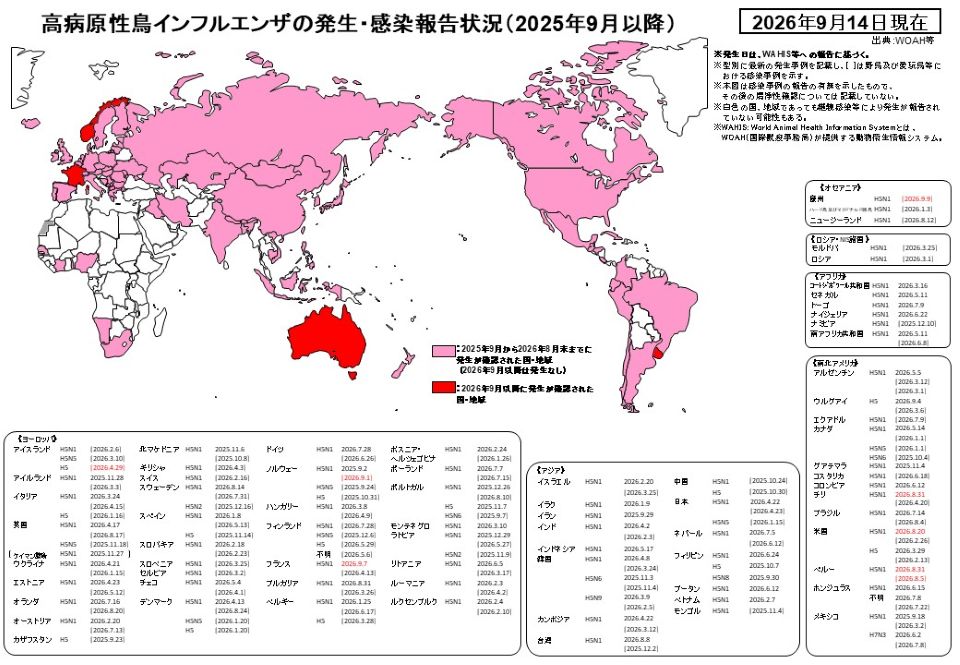 2025年9月以降の世界における高病原性鳥インフルエンザの発生・感染報告状況を示す世界地図(2026年9月14日現在)