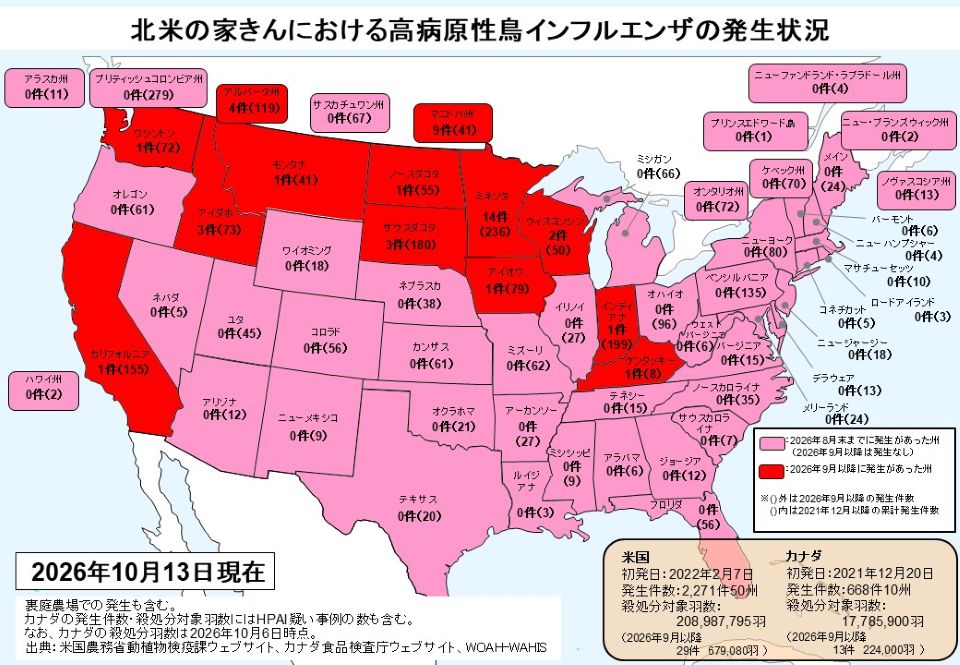 北米の家きんにおける高病原性鳥インフルエンザ（HPAI）の発生状況を示した米国・カナダの州別色分け地図（2026年10月13日現在）
