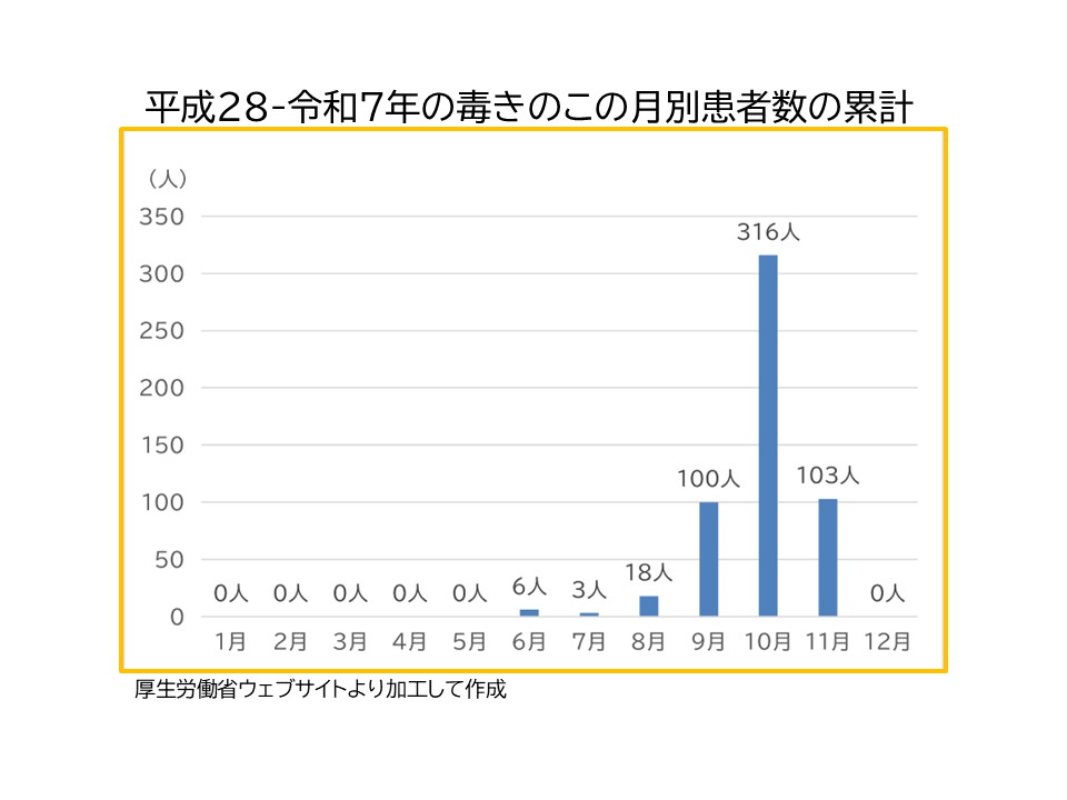 平成28年から令和7年の毒きのこ月別患者数の累計 1月から5月0人 6月6人 7月3人 8月18人 9月100人 10月316人 11月103人 12月0人 合計546人 厚生労働省ウェブページより加工して作成
