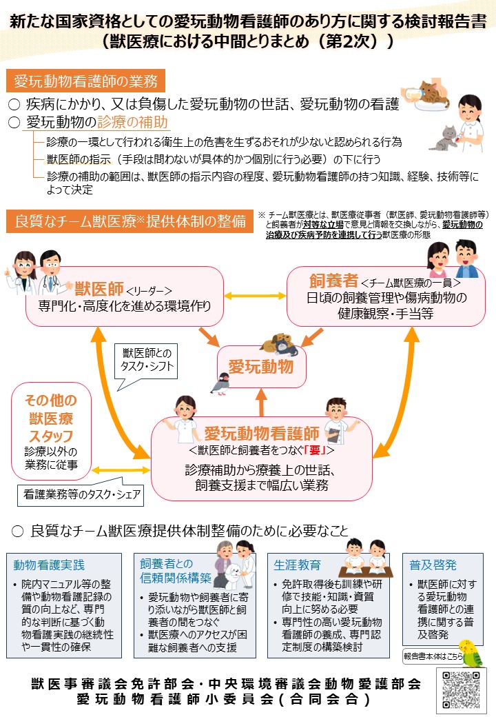 新たな国家資格としての愛玩動物看護師のあり方に関する検討報告書（獣医療における中間とりまとめ・第2次）の概要図。愛玩動物看護師の業務内容（疾病にかかり、又は負傷した愛玩動物の世話、愛玩動物の看護、愛玩動物の診療の補助）と、良質なチーム獣医療提供体制の整備（愛玩動物看護師獣医師、飼養者、その他の獣医療スタッフとの役割分担）を示す。また、良質なチーム獣医療体制の整備を目的に、動物看護実践、飼養者との信頼関係構築、生涯教育、普及啓発の4分野の取組が図示されている。 （獣医事審議会免許部会・中央環境審議会動物愛護部会 愛玩動物看護師小委員会（合同会合））
