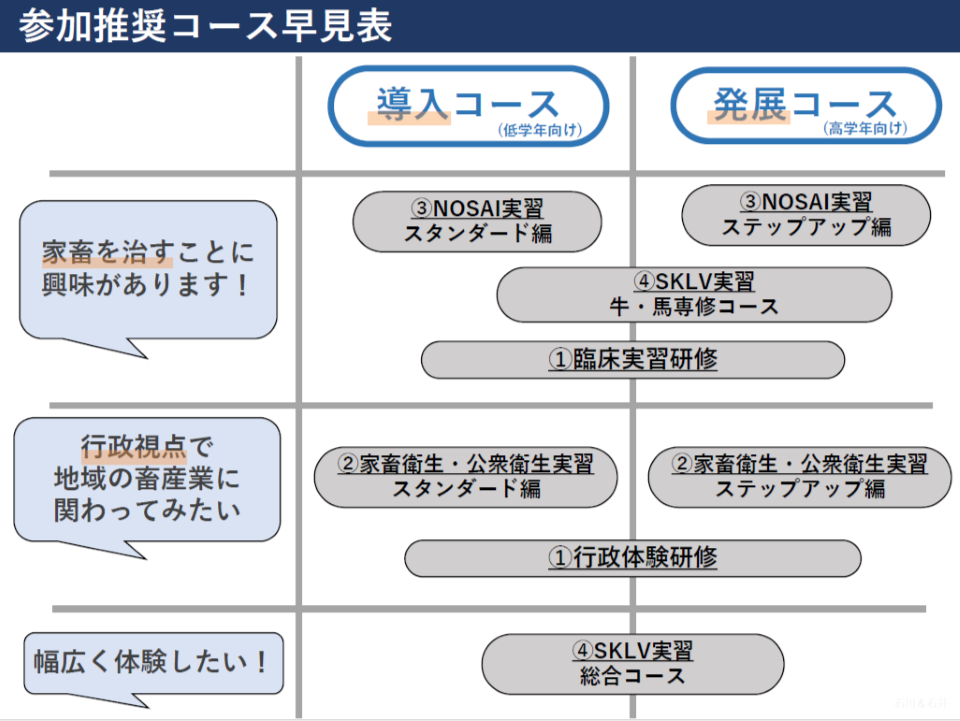 「参加推奨コース早見表。縦軸に参加者の関心テーマ3種、横軸に「導入コース(低学年向け)」と「発展コース(高学年向け)」の2列で構成されるマトリクス図。 【テーマ1:家畜を治すことに興味があります!】 ・導入コース:③NOSAI実習 スタンダード編 ・発展コース:③NOSAI実習 ステップアップ編 ・両コース共通:④SKLV実習 牛・馬専修コース、①臨床実習研修 【テーマ2:行政視点で地域の畜産業に関わってみたい】 ・導入コース:②家畜衛生・公衆衛生実習 スタンダード編 ・発展コース:②家畜衛生・公衆衛生実習 ステップアップ編 ・両コース共通:①行政体験研修 【テーマ3:幅広く体験したい!】 ・両コース共通:④SKLV実習 総合コース」