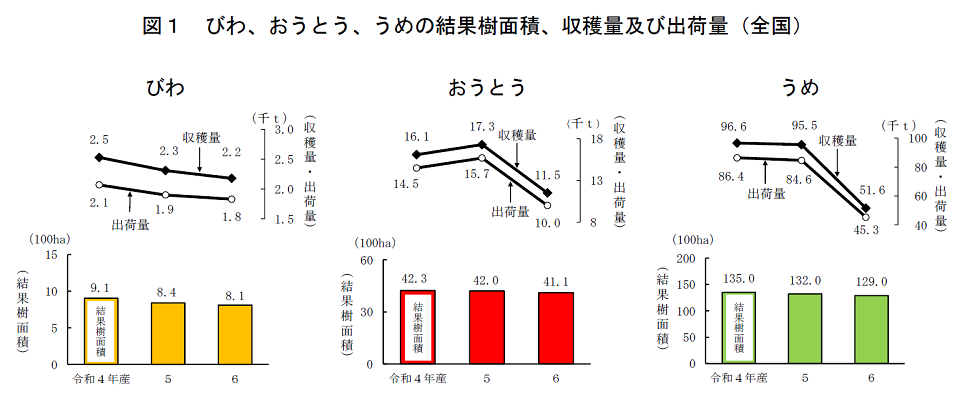 図1 びわ、おうとう、うめの結果樹面積、収穫量及び出荷量（全国）