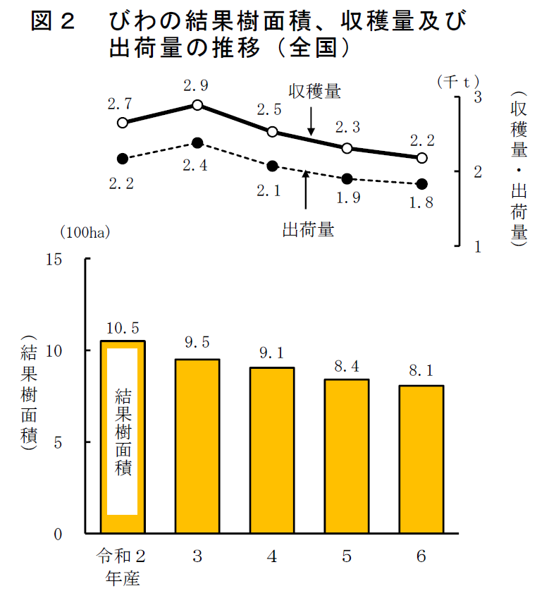 図2 びわの結果樹面積、収穫量及び出荷量の推移（全国）