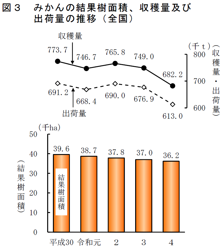 図3 みかんの結果樹面積、収穫量及び出荷量の推移（全国）