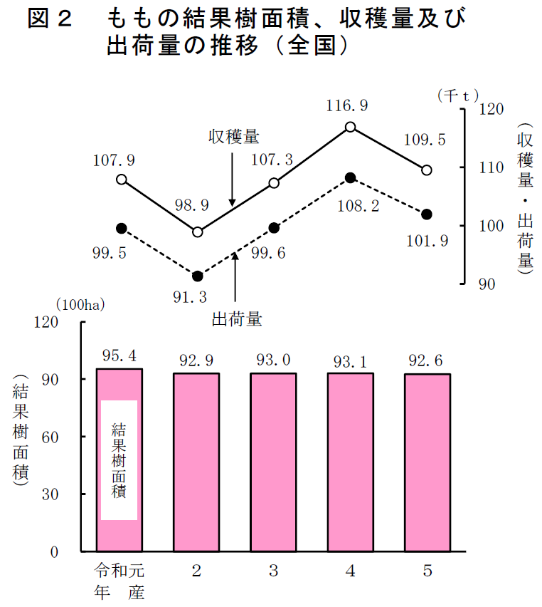図2 ももの結果樹面積、収穫量及び 出荷量の推移（全国）