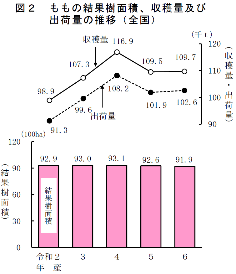 図2 ももの結果樹面積、収穫量及び 出荷量の推移（全国）