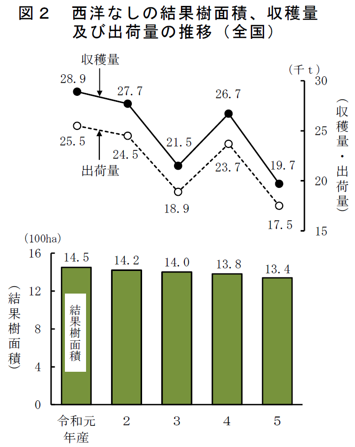 図2 西洋なしの結果樹面積、収穫量 及び出荷量の推移（全国）