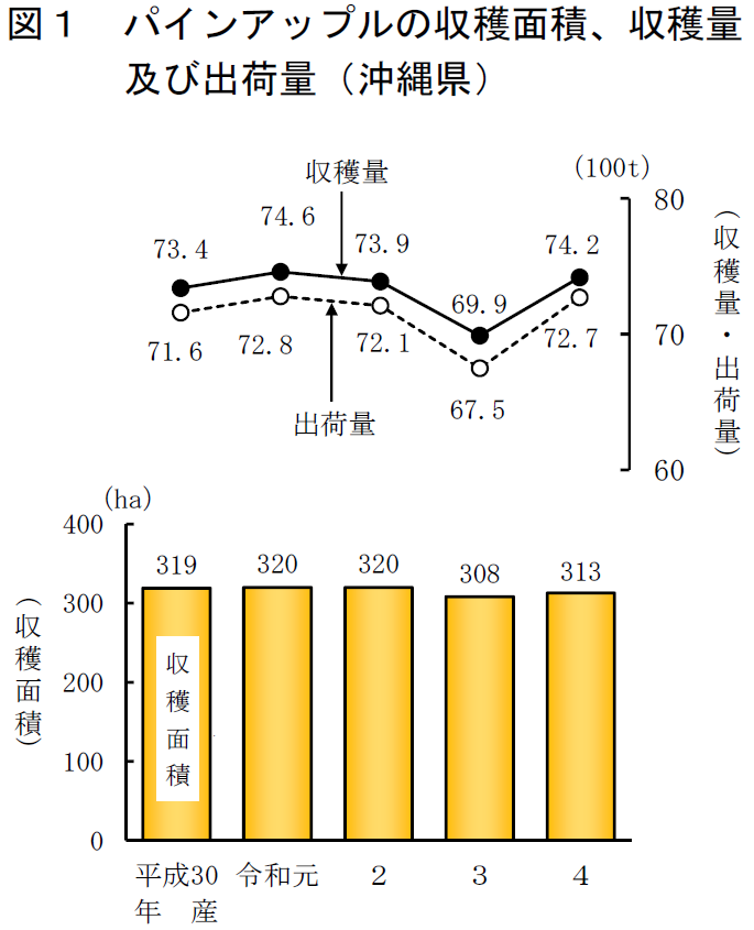 図1 パインアップルの収穫面積、収穫量及び出荷量（沖縄県）