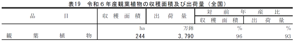 表19 令和6年産観葉植物の収穫面積及び出荷量（全国）