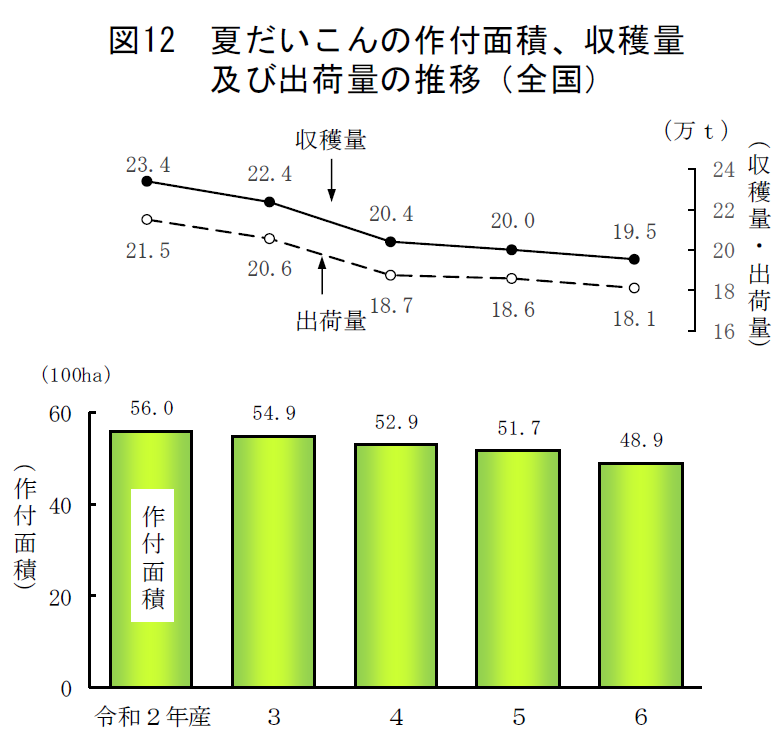 図12 夏だいこんの作付面積、収穫量及び出荷量の推移（全国）