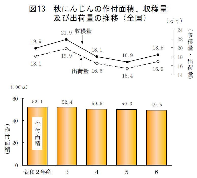 図13 秋にんじんの作付面積、収穫量及び出荷量の推移（全国）