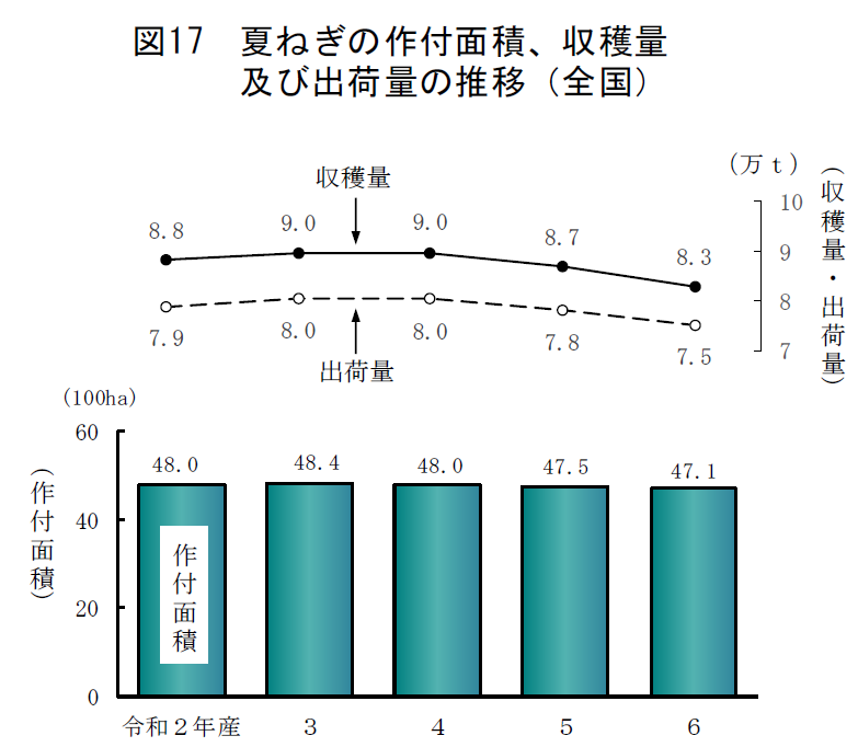 図17 夏ねぎの作付面積、収穫量及び出荷量の推移（全国）