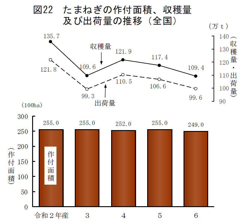 図22 たまねぎの作付面積、収穫量及び出荷量の推移（全国）