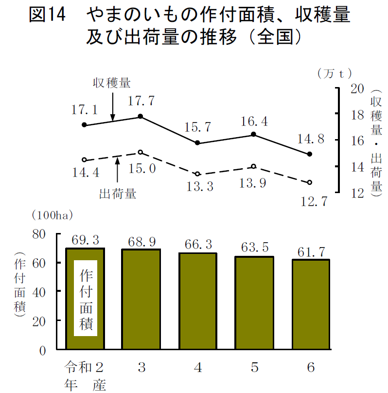 図14 やまのいもの作付面積、収穫量及び出荷量の推移（全国）