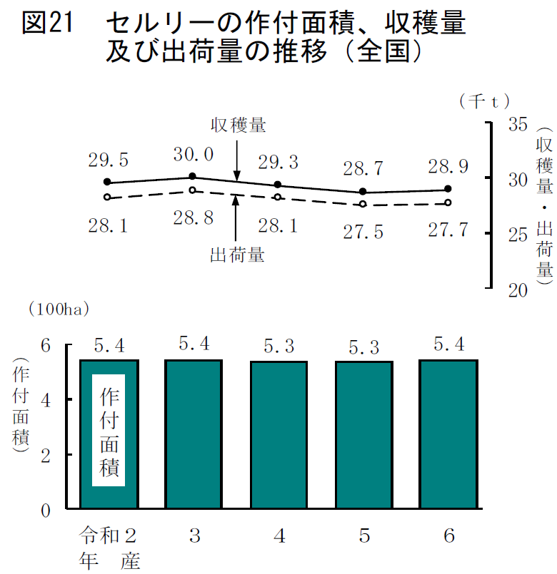 図21 セルリーの作付面積、収穫量及び出荷量の推移（全国）