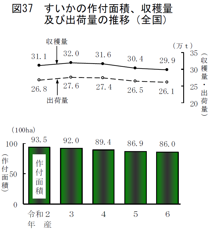 図37 すいかの作付面積、収穫量及び出荷量の推移（全国）