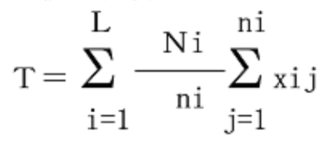 T イコール、i=1からLまでの総和記号、Ni分のni（分子がNi、分母がni）を掛けた、j=1からniまでのxijの総和。
