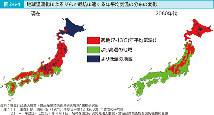 図2-6-4 地球温暖化によるりんご栽培に適する年平均気温の分布の変化