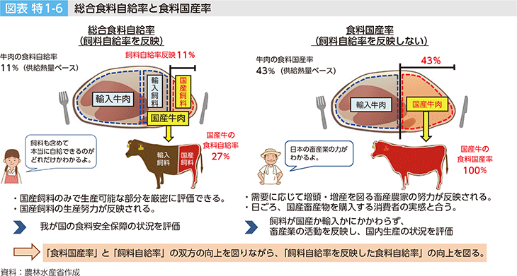 図表 特1-6 総合食料自給率と食料国産率