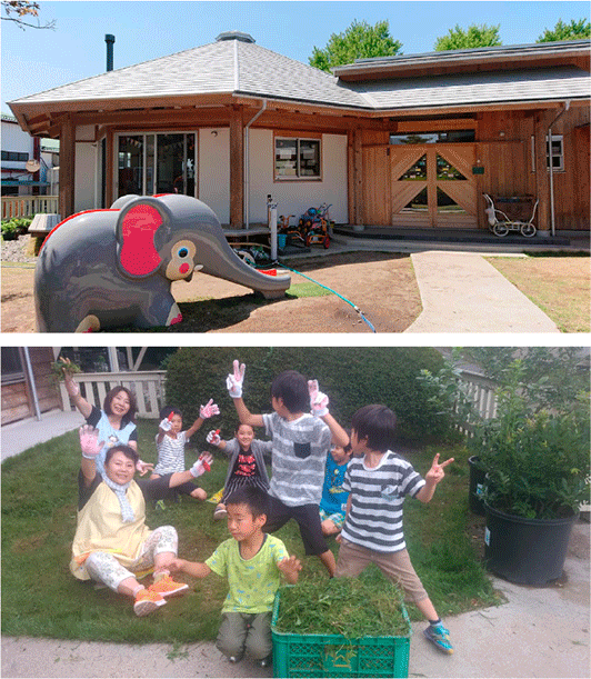 託児所の外観と子供たちの活動の様子