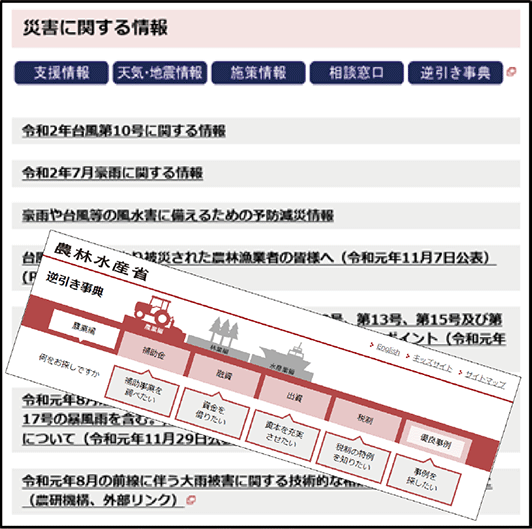 農林水産省Webサイトの「災害に関する情報」や「逆引き辞典」から防災・減災に関する支援策をチェック