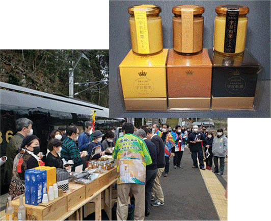 地域の栗を活用して商品開発した「宇目和栗（うめわぐり）ジャム」と地元の駅での販売風景