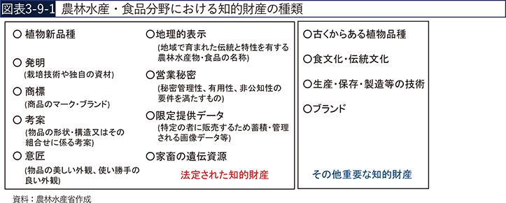図表3-9-1 農林水産・食品分野における知的財産の種類 図表3-9-1 農林水産・食品分野における知的財産の種類